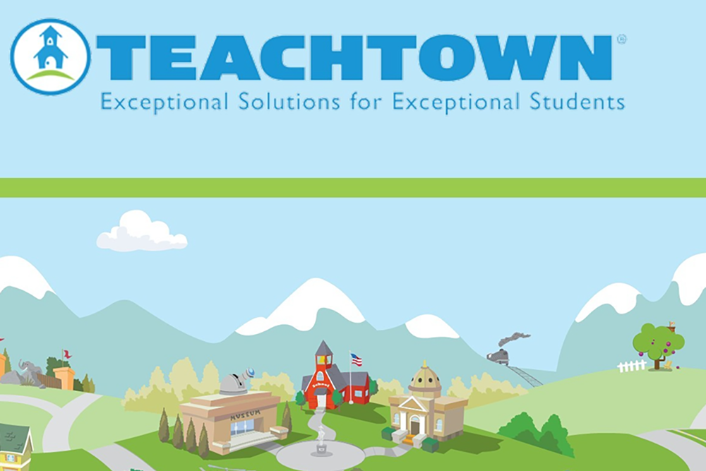 The TeachTown logo and tagline, "Exceptional Solutions for Exceptional Students," above a whimsical cartoon landscape. The scene features a winding road through green hills and snow-capped mountains, showcasing a museum, a red schoolhouse with an American flag, a gold-domed building, and a train in the distance.
